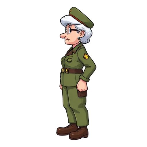 elderly woman in military outfit for platform game, from the side, mario style