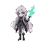 a fantasy anime-style female elf mage sprite designed for a 2d pixel-art game, inspired by the classic record of lodoss war art style. the character has long, flowing silver hair and emerald-green eye