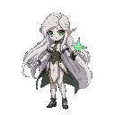 a fantasy anime-style female elf mage sprite designed for a 2d pixel-art game, inspired by the classic record of lodoss war art style. the character has long, flowing silver hair and emerald-green eye