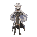 a fantasy anime-style female elf mage inspired by the classic record of lodoss war art style. she has long, flowing silver hair and piercing emerald-green eyes. her attire consists of an elegant, flow