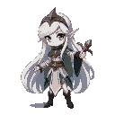 a fantasy anime-style female elf mage sprite designed for a 2d pixel-art game, inspired by the classic record of lodoss war art style. the character has long, flowing silver hair and emerald-green eye