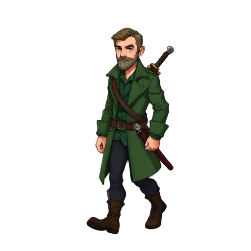 a modern druid in green trenchcoat, dark green shirt, black pants and boots, sword strapped to his back, walking