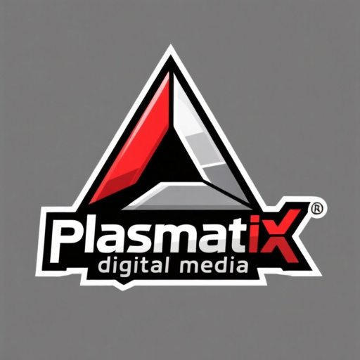 create logo for a company called plasmatix digital media that includes a central triangle and the colors red, black, silver, white