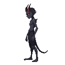 side profile of character: the character could have a humanoid silhouette with subtle demonic features like glowing eyes, cracked skin, or horns growing from their head or shoulders. 