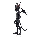 side profile of character: the character could have a humanoid silhouette with subtle demonic features like glowing eyes, cracked skin, or horns growing from their head or shoulders.