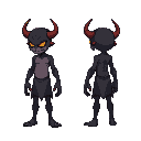 sprite sheet of side profile of character: the character could have a humanoid silhouette with subtle demonic features like glowing eyes, cracked skin, or horns growing from their head or shoulders.
