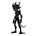 side profile of character: the character could have a humanoid silhouette with subtle demonic features like glowing eyes, cracked skin, or horns growing from their head or shoulders.