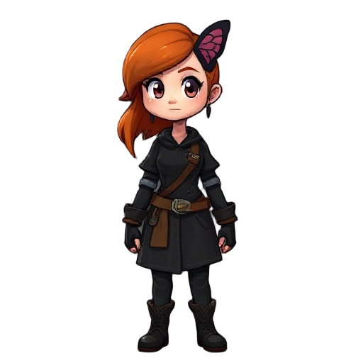 blacksmith woman with butterfly cut, ginger hair, wearing black outfit