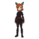 blacksmith woman with butterfly haircut, ginger hair, wearing black outfit
