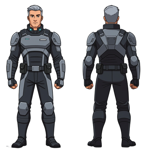 spriteshee a serious 40-year-old man with short gray hair, he wears a sleek, futuristic gray and black uniform with armored shoulder pads and a high collar. sci-fi military style