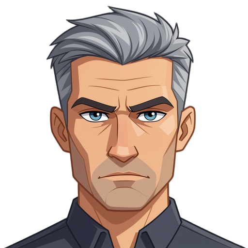 portrait of a serious 40-year-old man with short gray hair, light skin, and sharp, intelligent eyes. he has a stern, focused expression and subtle facial lines showing experience. he wears a sleek, fu