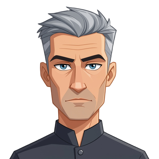 portrait of a serious 40-year-old man with short gray hair, light skin, and sharp, intelligent eyes. he has a stern, focused expression and subtle facial lines showing experience. he wears a sleek, fu