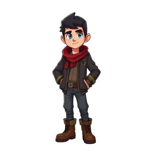 hombre con capucha oscura, botas y cinturon de cuero, con ojos azules y una chaqueta y un pañuelo rojo oscuro tapandole la bosa