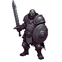 robust dark warrior. holding a sword and shield. helmet. isometric perspective