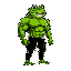 green toad-bodybuilder with black pants, turned right