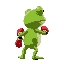 green toad with red boxer's gloves, turned right