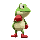 green toad with red boxer's gloves, turned right