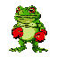 green toad with red boxer's gloves, turned right