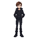 cyberpunk style character with a dark jacket dark boots, dark pants, white skin, brown hair