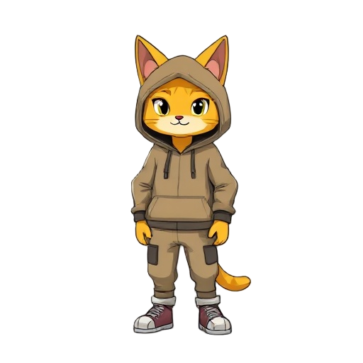 human like with yellow cat head, wearing huddy