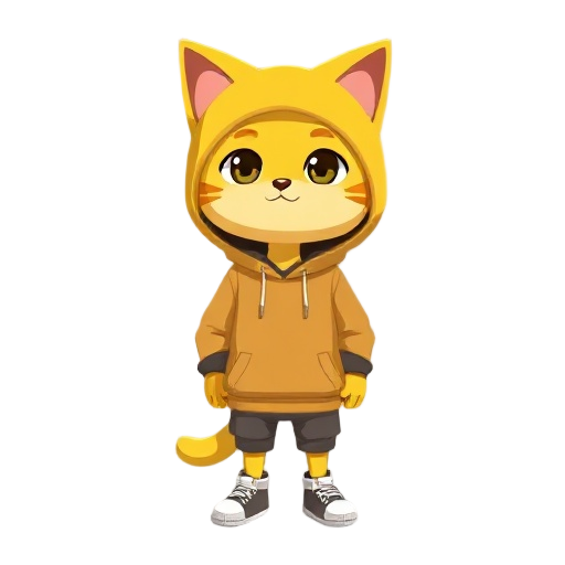 human like with yellow cat head, wearing huddy