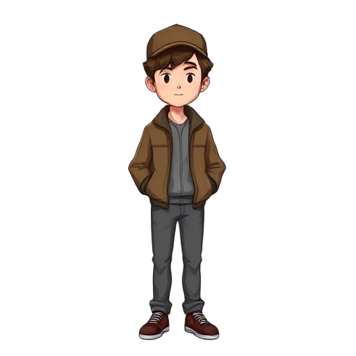 young man, brown hair, brown cap, classic jacket, gray pants, faceless, vector art