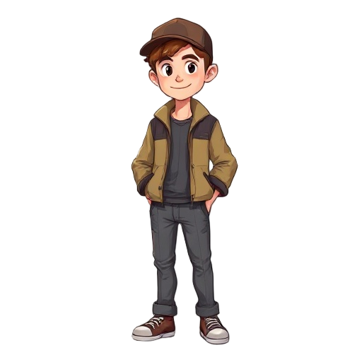 young man, brown hair, brown cap, classic jacket, gray pants