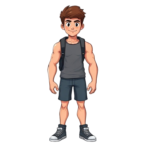 character: a 21-year-old college kid with a youthful, masculine face, medium-length brown hair, and a moderately muscular build (not overly built, emphasizing a gym-toned physique with broad shoulders