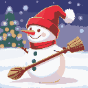 snowman with red hat and broomstick