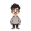 a stout adult male with a light skin tone and short, unkempt black hair. he has a small mouth and simple black dot eyes, but no mustache. he is wearing a long-sleeved light gray 