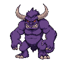 a large, muscular, purple monster with two jagged horns doing an 6-frame idle loop.avoid resemblance to any existing characters.