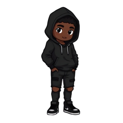 make a pixelated black guy with a black hoodie and a chibi, him have black ripped jeans, and make him have black airforce ones