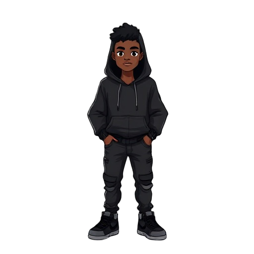 make a black guy with a black hoodie and a chibi, him have black ripped jeans, and make him have black airforce ones