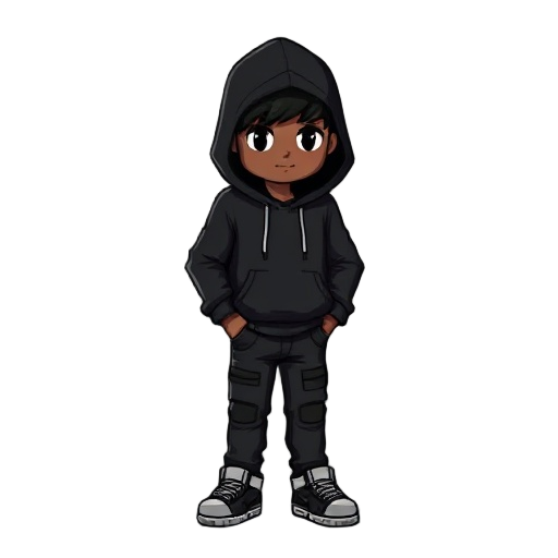 make a 2d minecraft pixelated black guy with a black hoodie and a chibi, him have black ripped jeans, and make him have black airforce ones