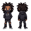 create darkskin black chibi, he is wearing a dark hoodie, hoodie is covering his face, he has dreads, he is wear black designer ripped jeans, he is wearing black airforce 1s