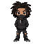 black chibi, he is wearing a dark hoodie, hoodie is covering his face, he has dreads, he is wear black designer ripped jeans, he is wearing black airforce 1s