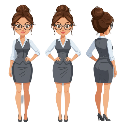 business woman, glasses, short dress, hair bun, hourglass shape