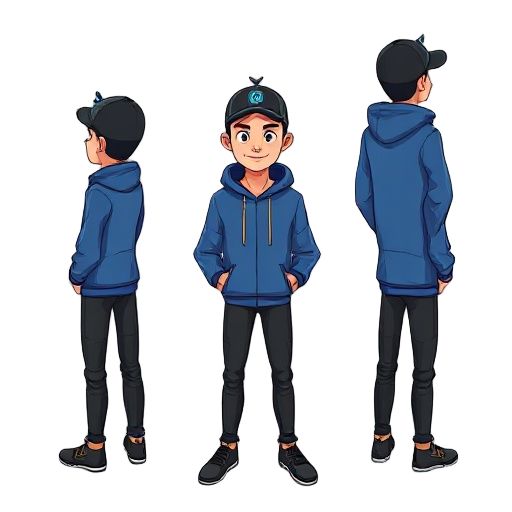 a man wearing black jockey hat and blue hoodie all postures used on idle cycle