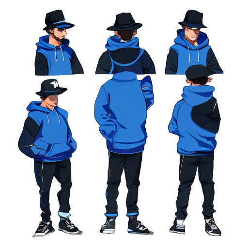 a man wearing black jockey hat and blue hoodie all postures used on idle cycle