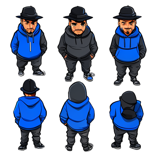a man wearing black jockey hat and blue hoodie all postures