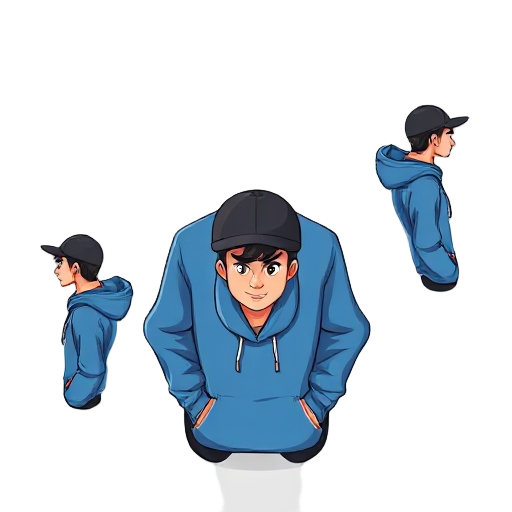 a man wearing black jockey hat and blue hoodie all postures used on idle cycle