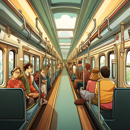 the train and the carriages with the interior visible. some of the people inside are sitting and some are holding on to the handrails.