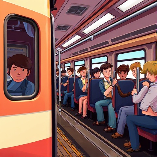 the train and the carriages with the interior visible. some of the people inside are sitting and some are holding on to the handrails.