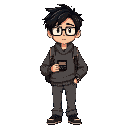 he has messy black hair and wears rectangular glasses that give him a slightly nerdy look. over his shoulders, he carries a worn-out backpack, and on his wrist is a classic digital casio watch. his outfit consists of a cozy sweater and a pair of casual je