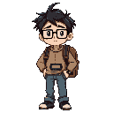 he has messy black hair and wears rectangular glasses that give him a slightly nerdy look. over his shoulders, he carries a worn-out backpack, and on his wrist is a classic digital casio watch. his outfit consists of a cozy sweater and a pair of casual je