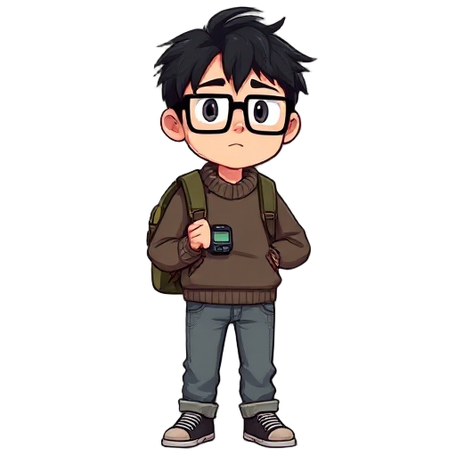 he has messy black hair and wears rectangular glasses that give him a slightly nerdy look. over his shoulders, he carries a worn-out backpack, and on his wrist is a classic digital casio watch. his outfit consists of a cozy sweater and a pair of casual je