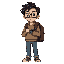 he has messy black hair and wears rectangular glasses that give him a slightly nerdy look. over his shoulders, he carries a worn-out backpack, and on his wrist is a classic digital casio watch. his outfit consists of a cozy sweater and a pair of casual je