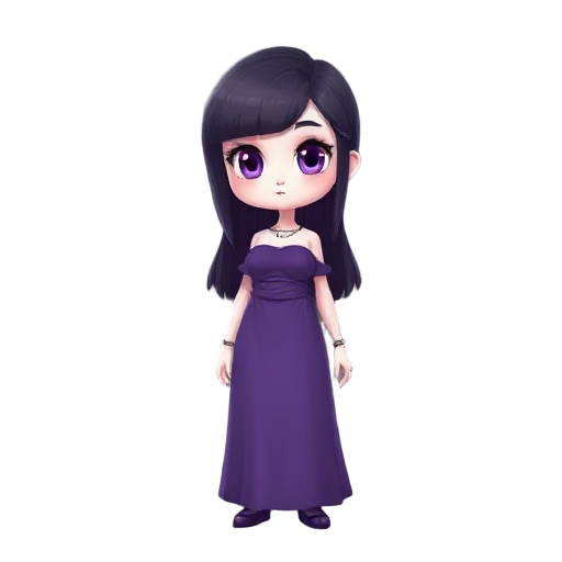 girl with white skin, dark-purple hair, purple eyes, big chest, no shoulder full dress purple