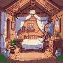 casa de madeira por dentro, com cama e um lugar cheio de roupas bagunçadas