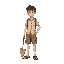 young man wearing a button up t-shirt, shorts, and flipflops like he is going to the beach, holding a metal detector and shovel